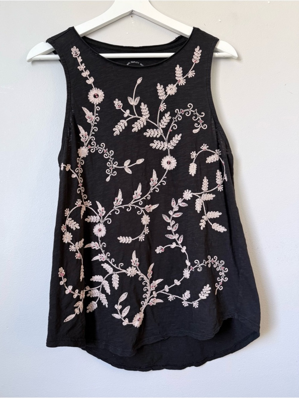 Lucky Brand Black Tank Top with Pink Floral Embroidery